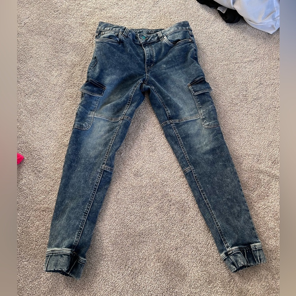 Foxy Jeans Tara Regular Rise Blue Acid Wash Denim Jogger Edgy Cargo Pants